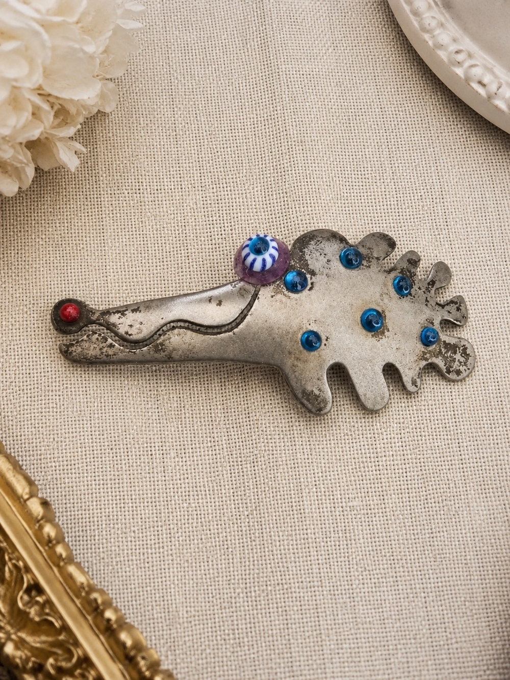 Vintage Sterling Silver Abstract Brooch Blue Glass Beads Artisan 25.7g
